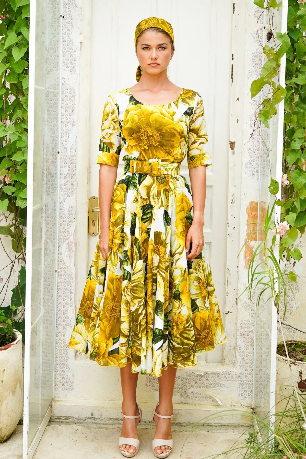 Aster Dress Boat Neck 1/2 Sleeve Midi Length Cotton Musola (Giant Poppy)