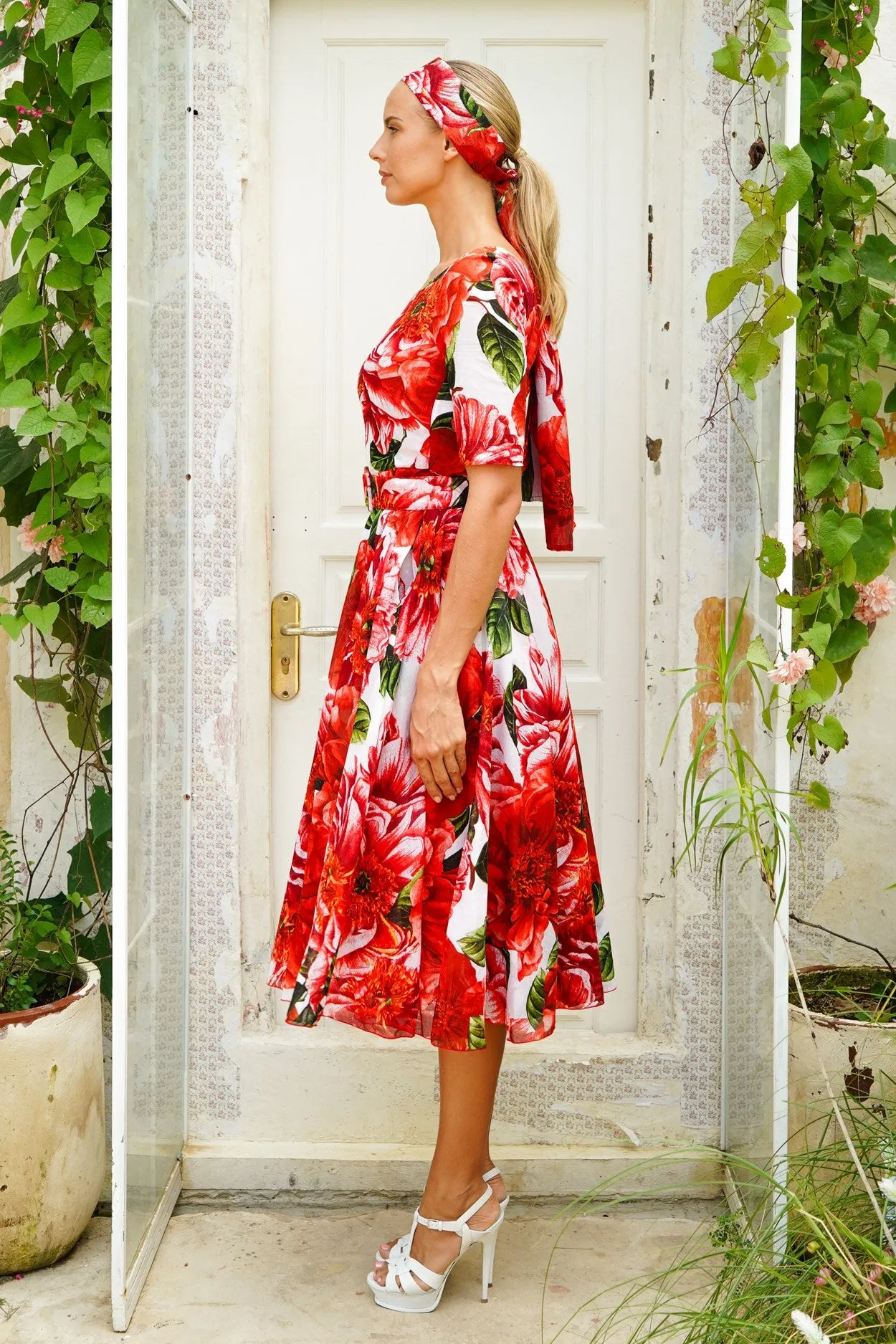 Aster Dress Boat Neck 1/2 Sleeve Midi Length Cotton Musola (Giant Poppy)