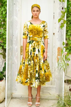 Aster Dress Boat Neck 1/2 Sleeve Midi Length Cotton Musola (Giant Poppy)