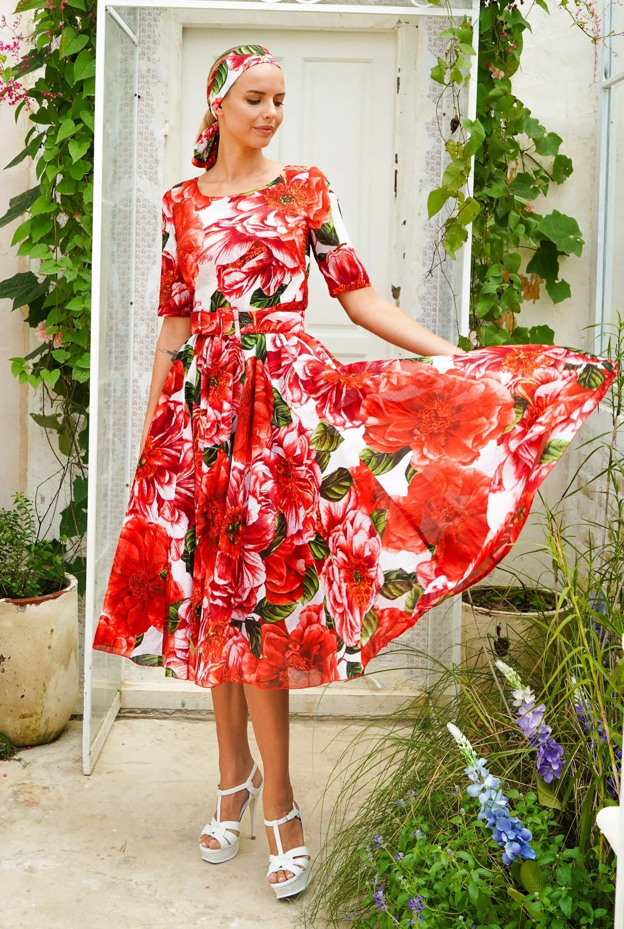 Aster Dress Boat Neck 1/2 Sleeve Midi Length Cotton Musola (Giant Poppy)