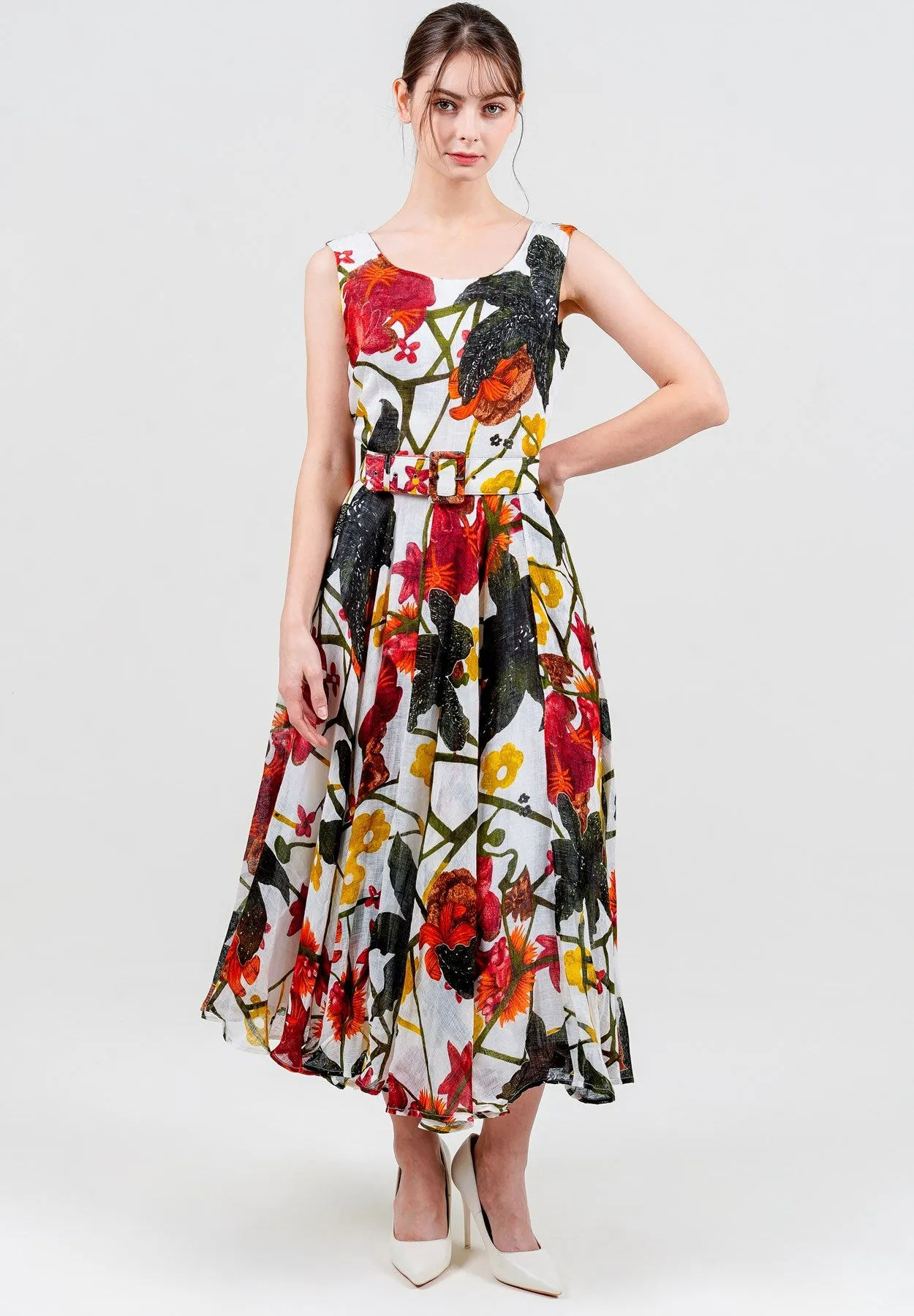 Aster Dress Boat Neck Sleeveless Midi Length Cotton Musola (Black Lily New)