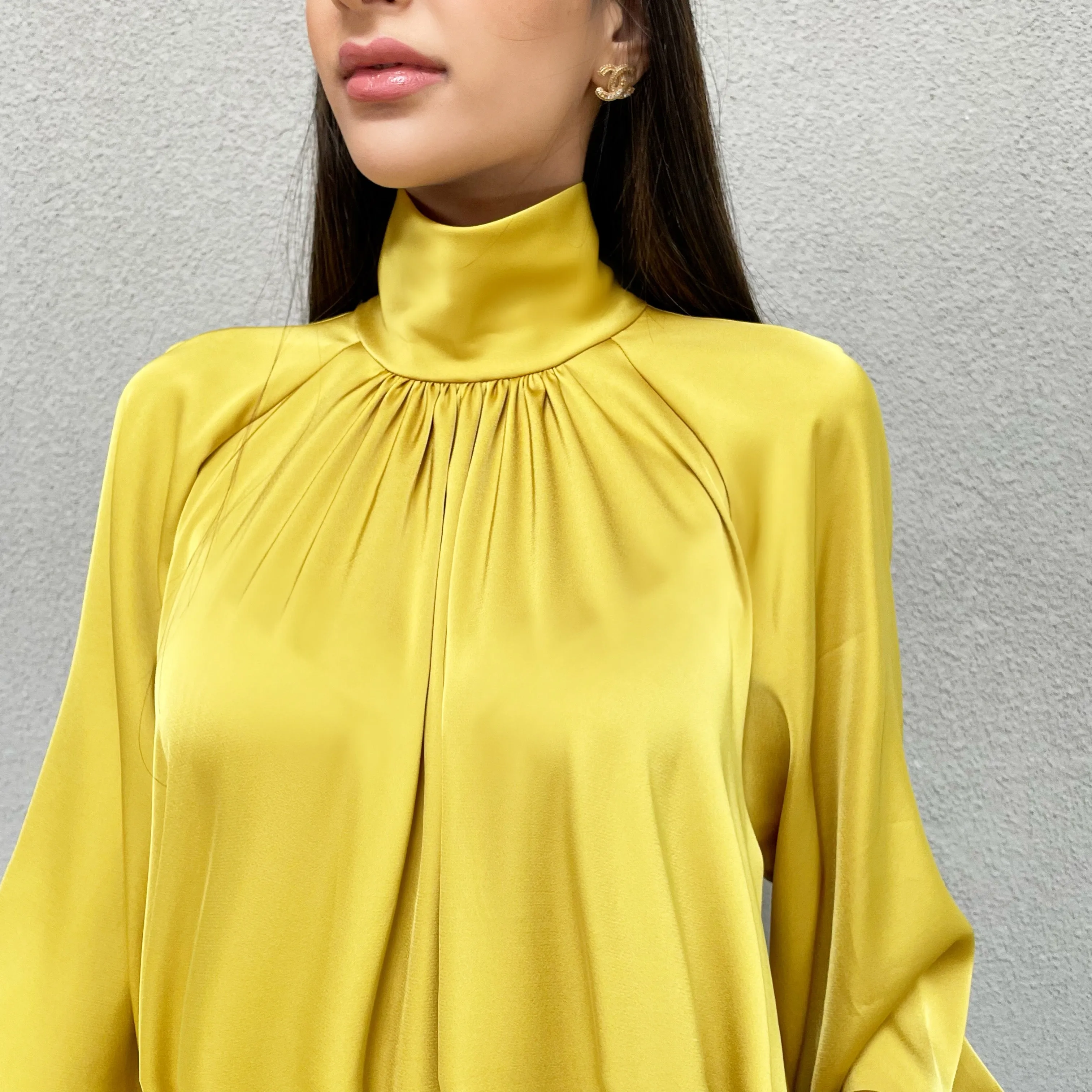 AW 21 AMANI CREPE SATIN MUSTARD HIGH NECK DRESS