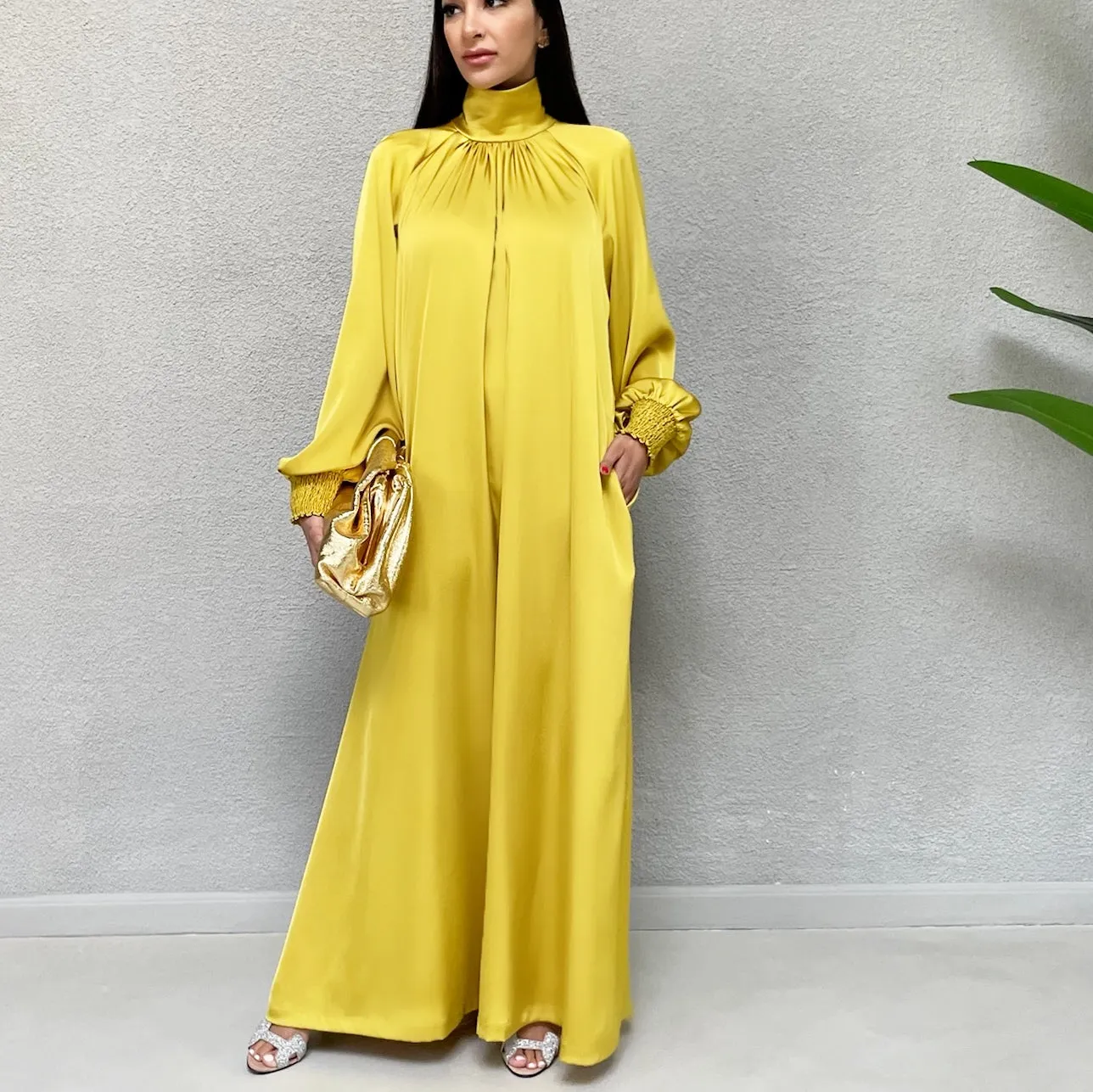AW 21 AMANI CREPE SATIN MUSTARD HIGH NECK DRESS