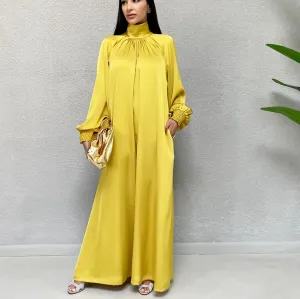 AW 21 AMANI CREPE SATIN MUSTARD HIGH NECK DRESS