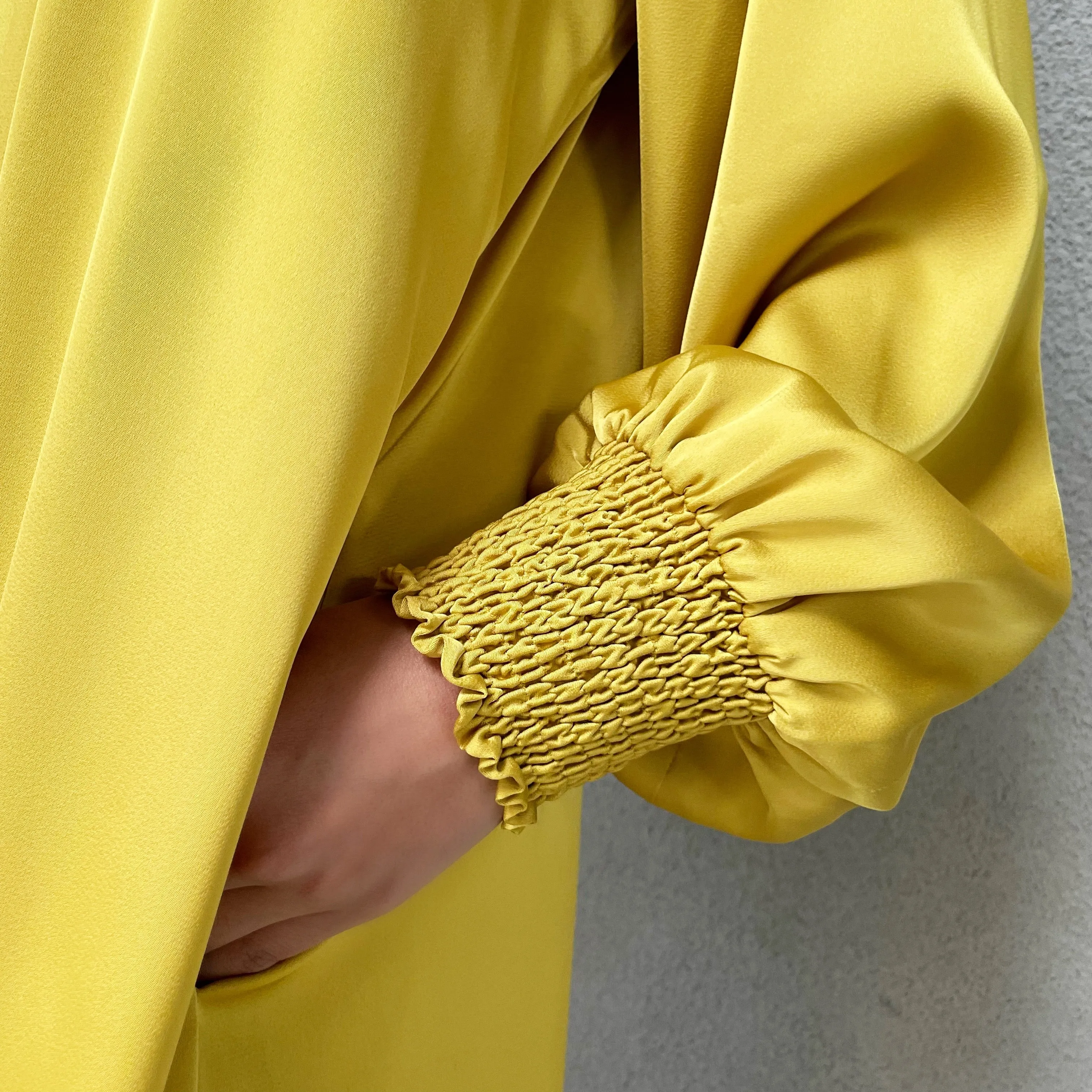 AW 21 AMANI CREPE SATIN MUSTARD HIGH NECK DRESS