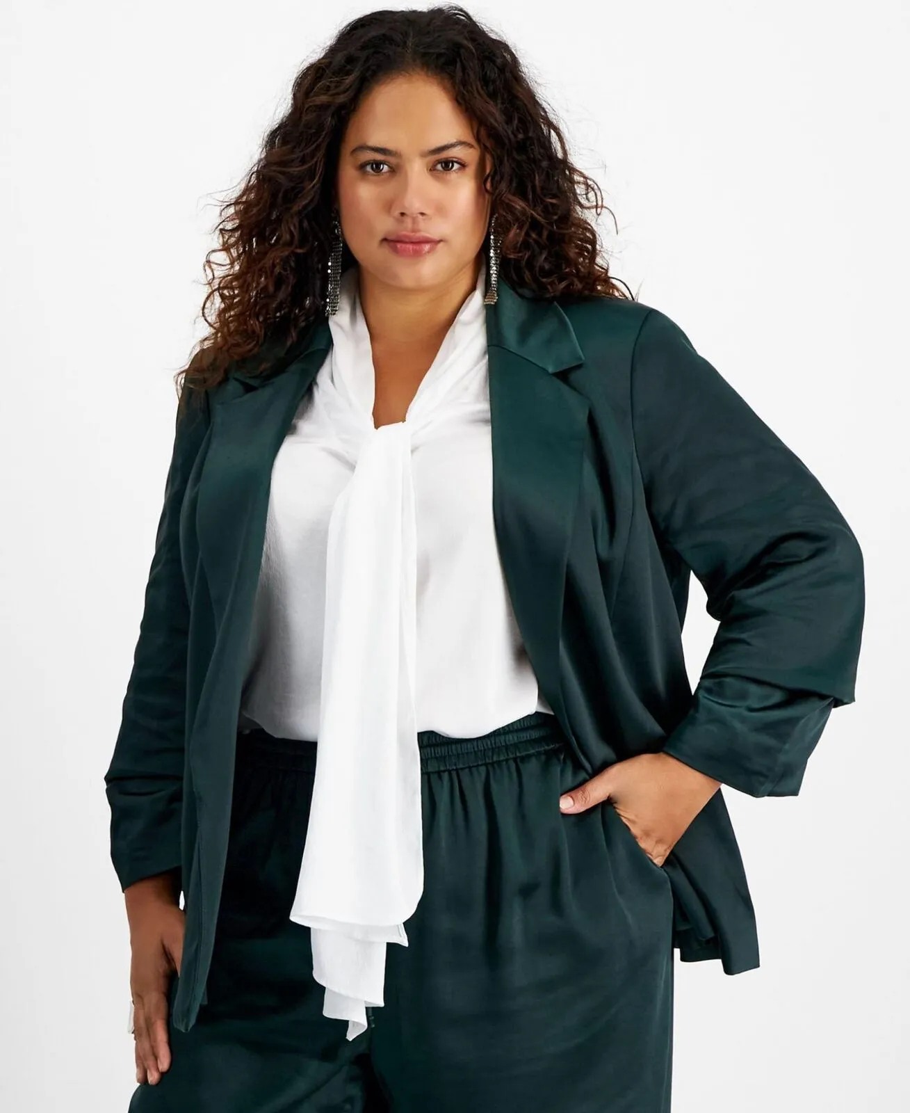 Bar III Plus Size Washed Satin Pleated-Sleeve Jacket 10855223 Pine Mist Green 3X