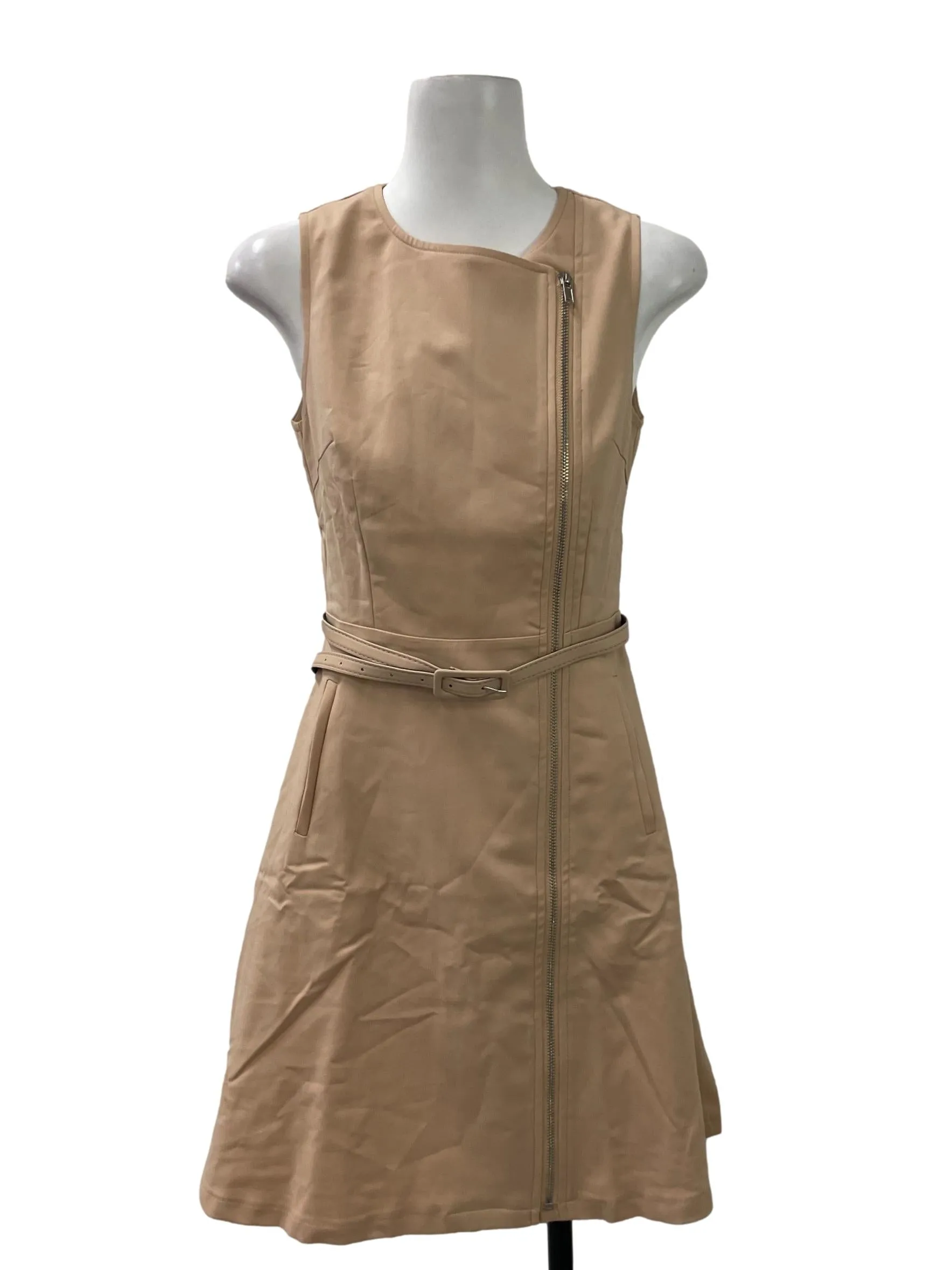 Beige Zip Round Neck Dress