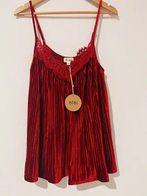 BIBI Pleated Velvet Velour Swing Top Sz S Burgundy Crochet Tank Whimsigoth