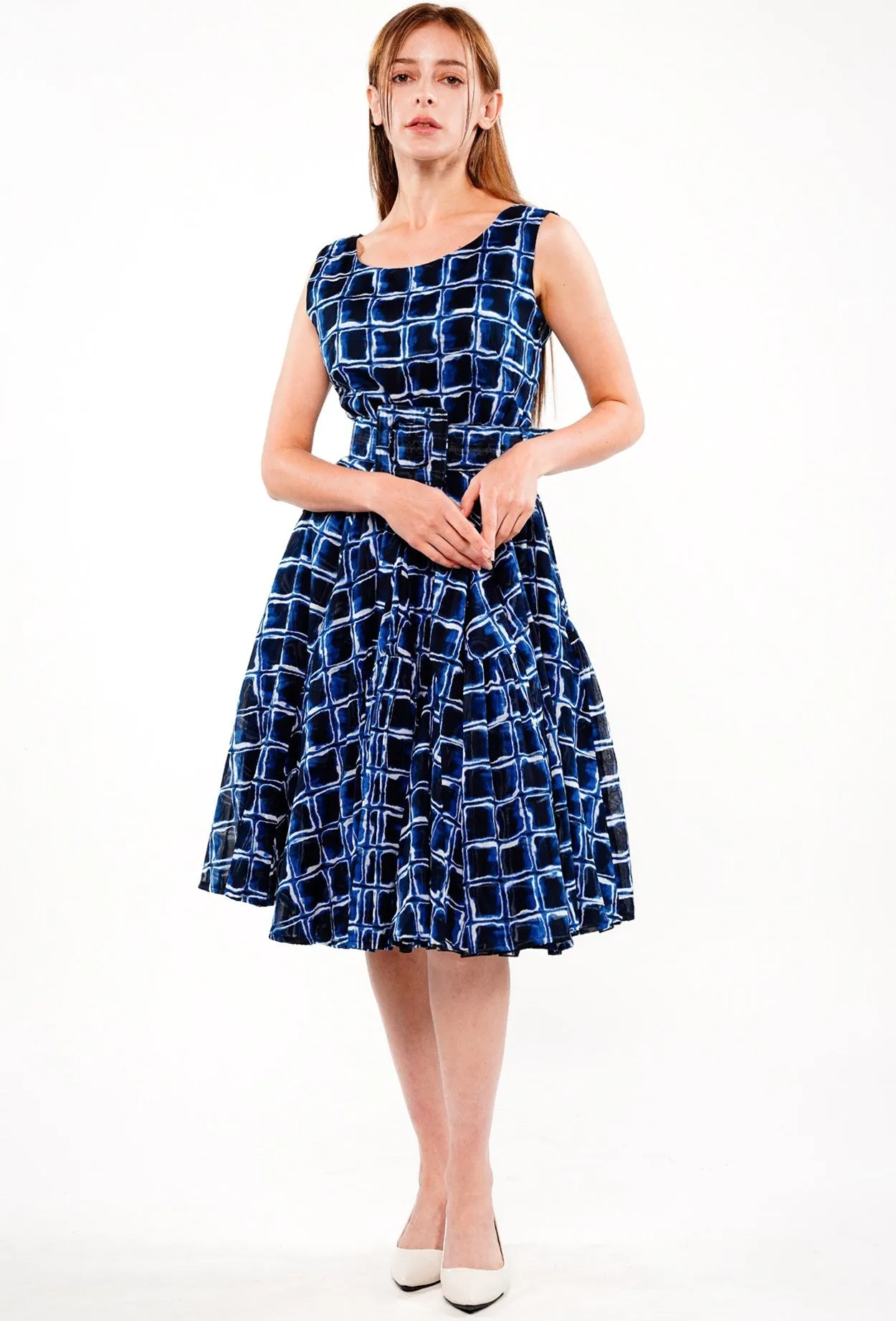 Birdy Dress #2 Boat Neck Sleeveless Cotton Musola (Shibori Square)