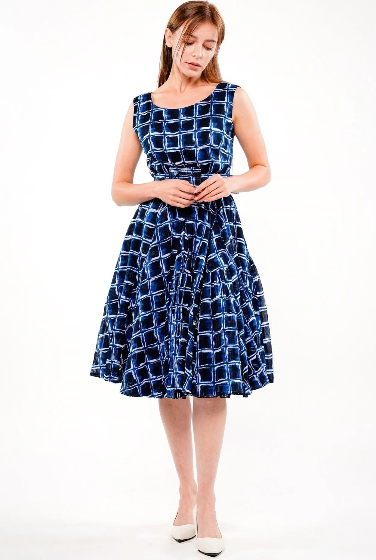 Birdy Dress #2 Boat Neck Sleeveless Cotton Musola (Shibori Square)