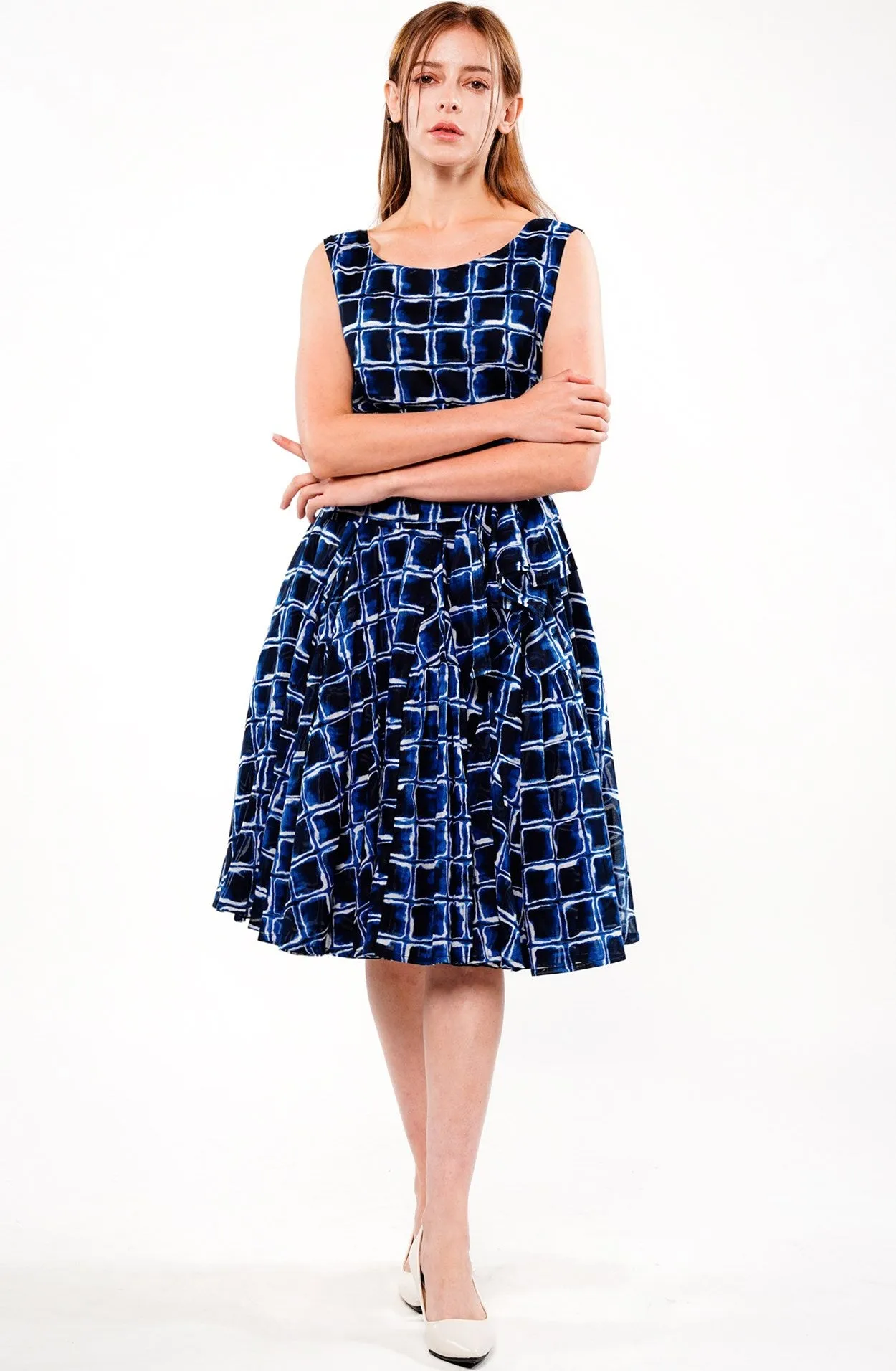 Birdy Dress #2 Boat Neck Sleeveless Cotton Musola (Shibori Square)