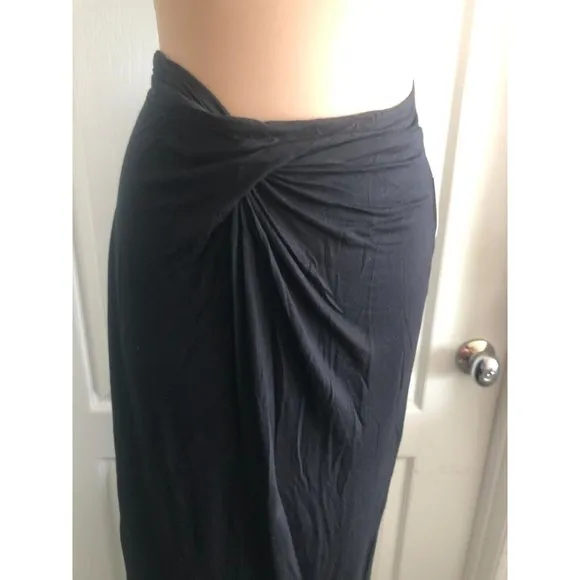 Bisou Bisou Solid Black Maxi Skirt Pull On Knotted Front Stretchy Slit Sz. M