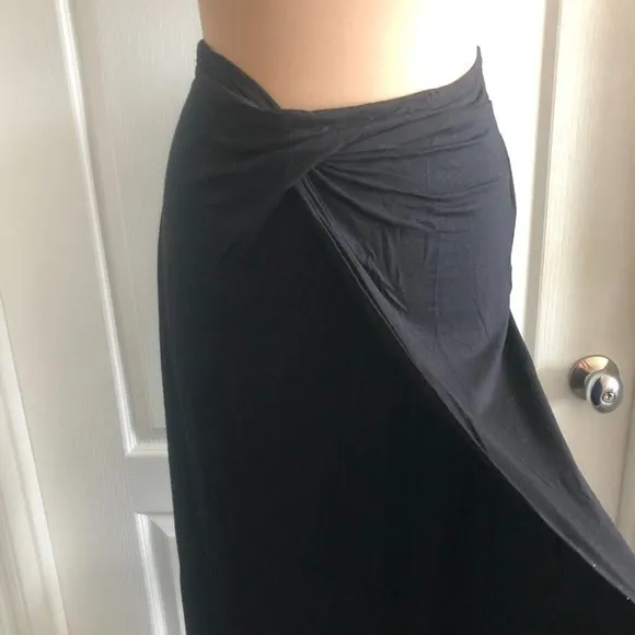 Bisou Bisou Solid Black Maxi Skirt Pull On Knotted Front Stretchy Slit Sz. M