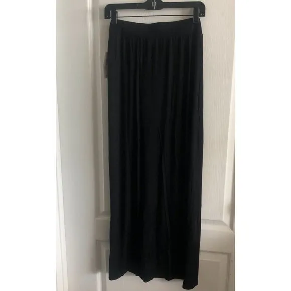 Bisou Bisou Solid Black Maxi Skirt Pull On Knotted Front Stretchy Slit Sz. M