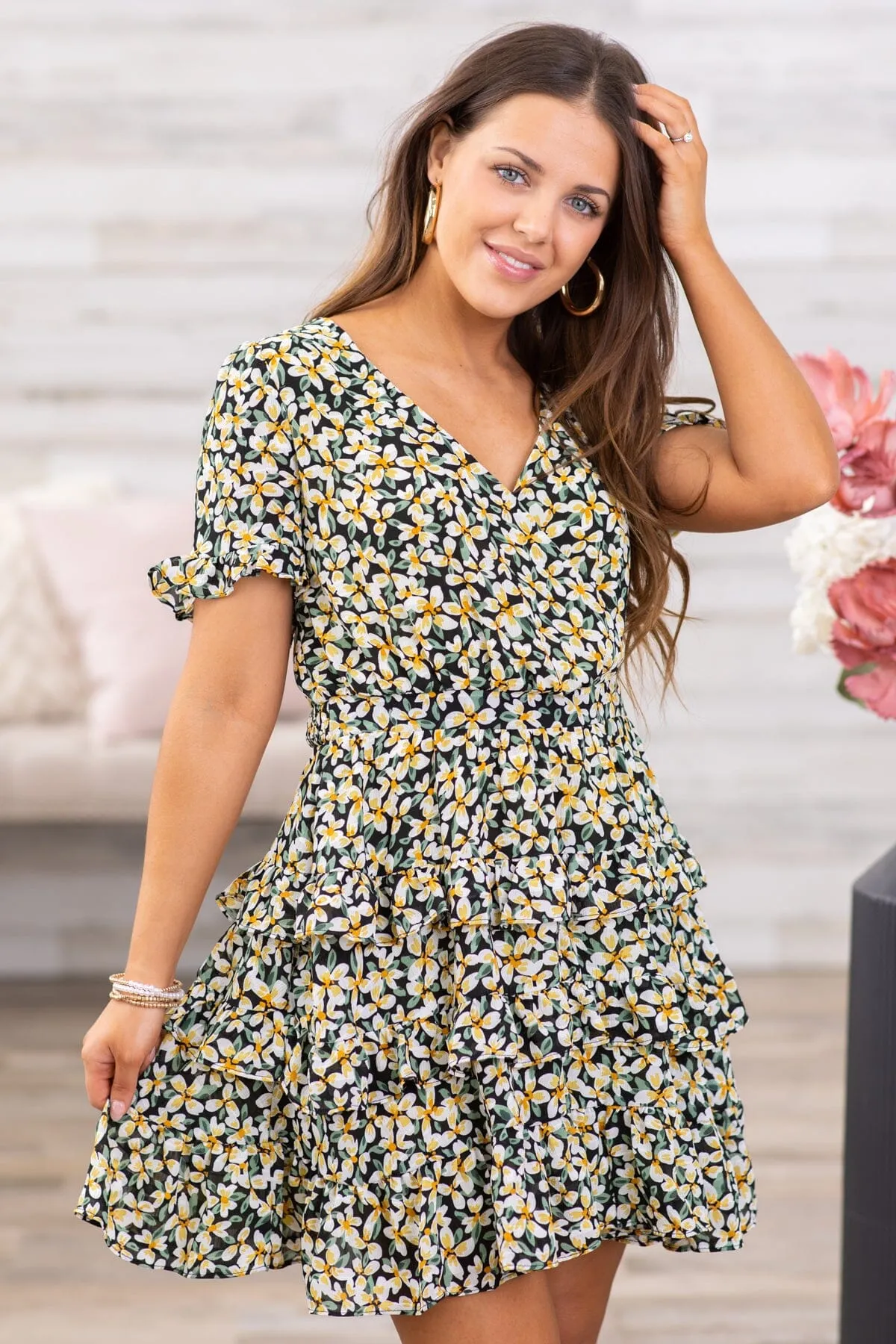 Black and Yellow Floral Tiered Skirt Dress