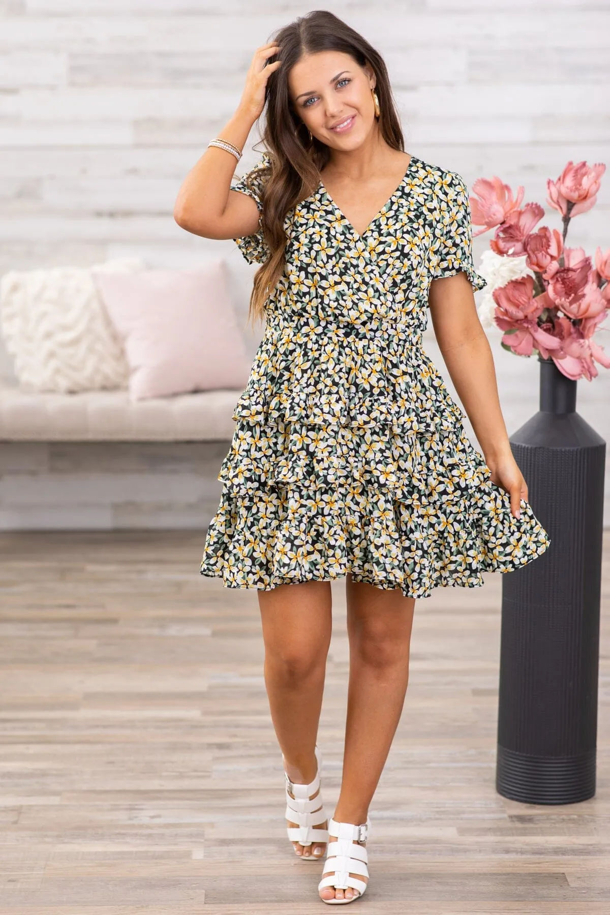 Black and Yellow Floral Tiered Skirt Dress