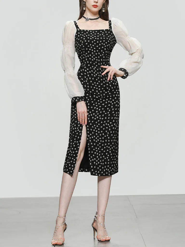 Black Daisy Print Split Straight Dress With White Long Sleeve