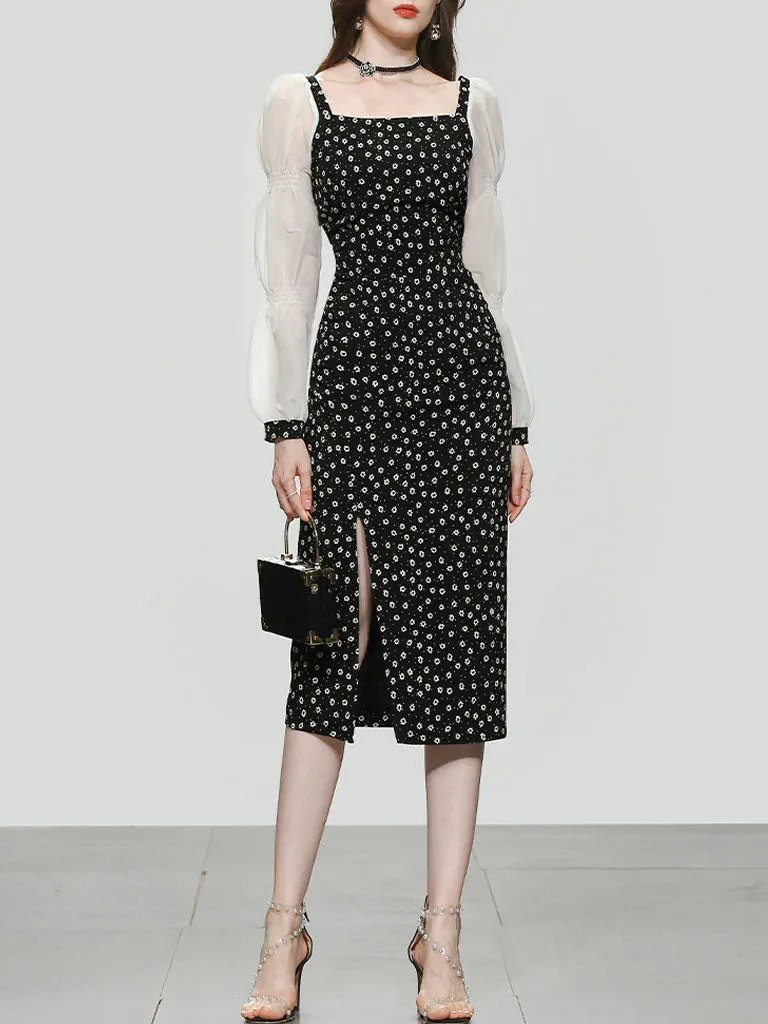 Black Daisy Print Split Straight Dress With White Long Sleeve