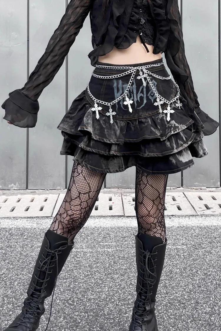 Black High Waisted Print Chain Rock Gothic Skirt