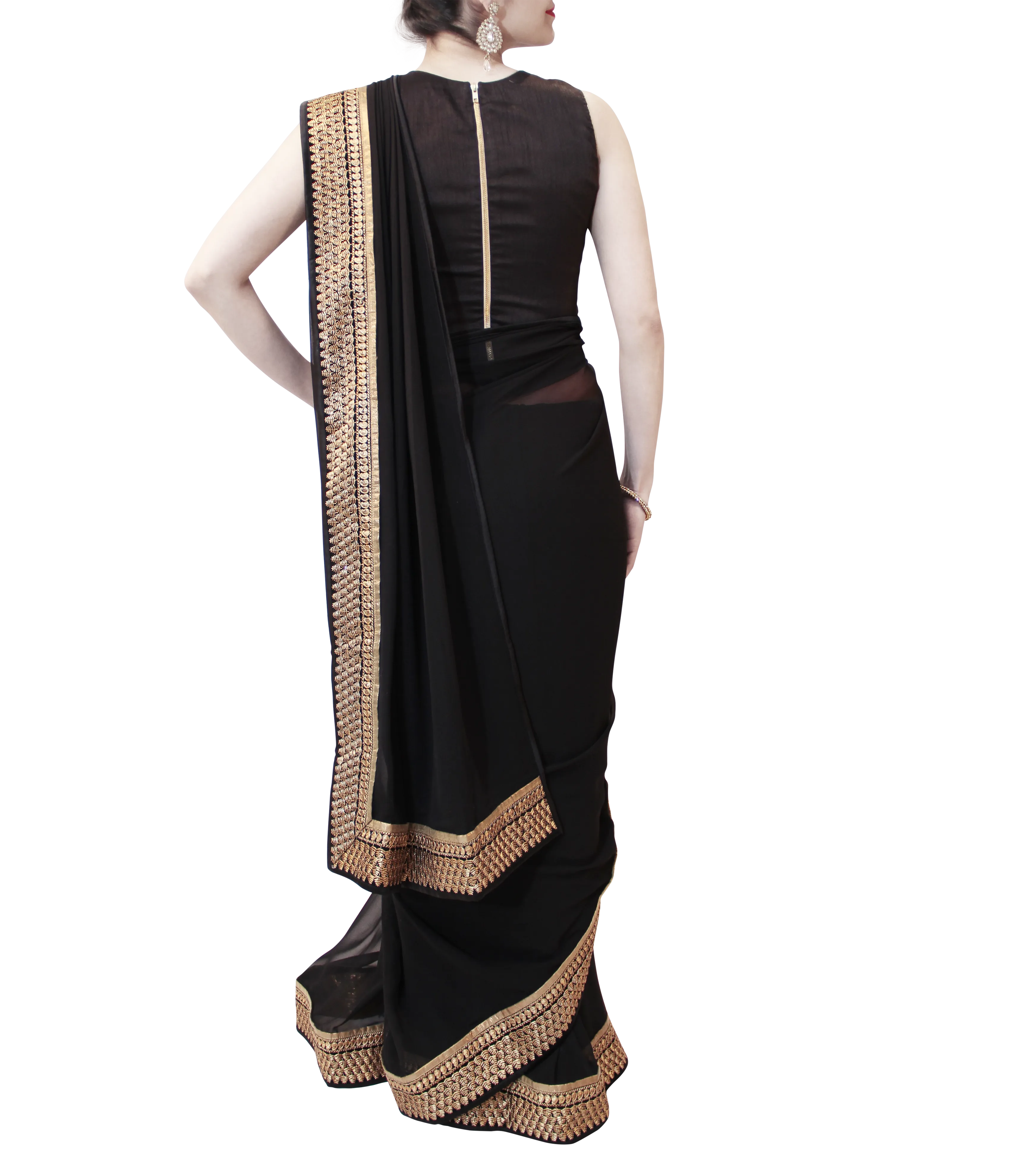 BLACK PRE-STITCHED SAREE