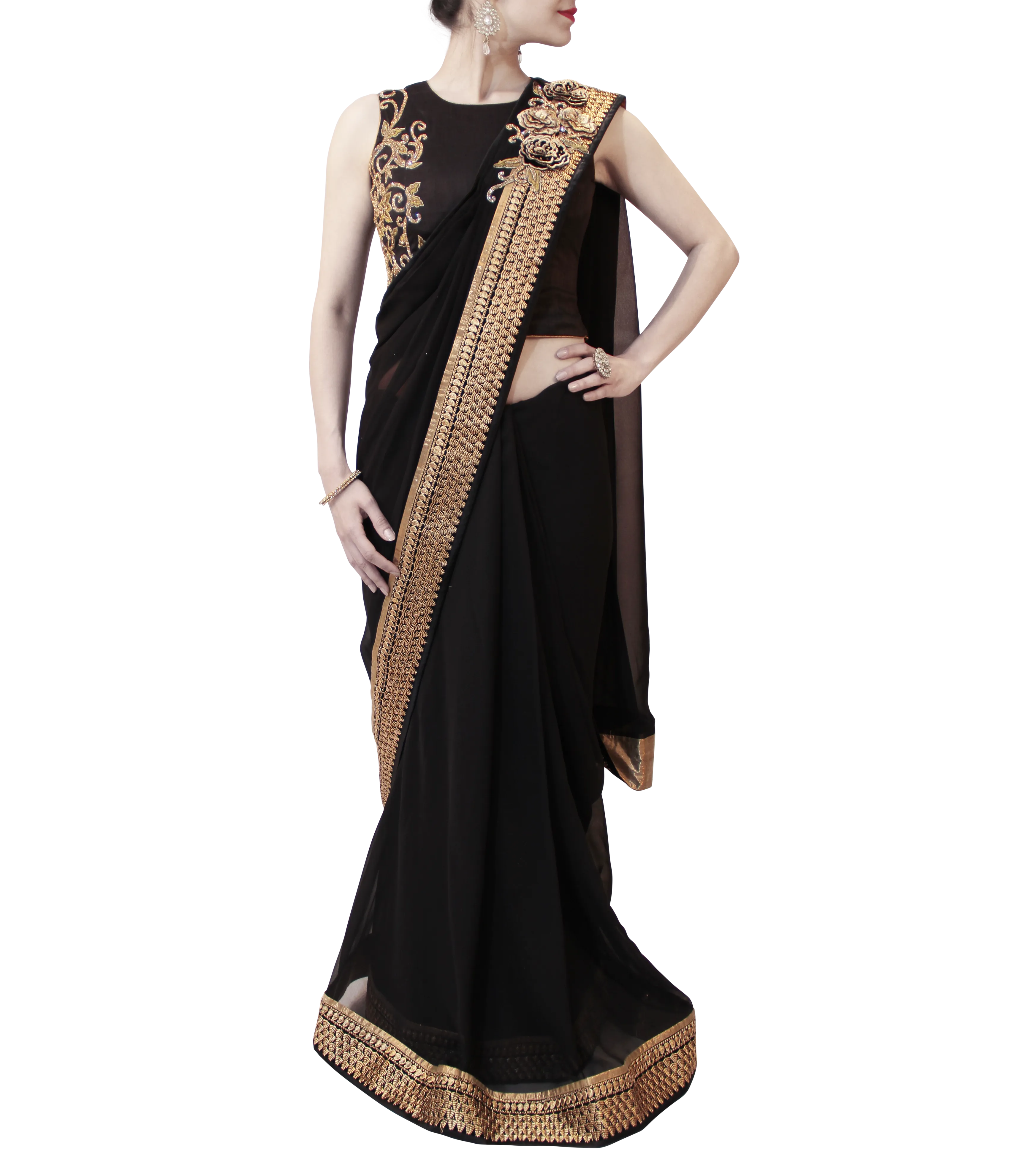BLACK PRE-STITCHED SAREE