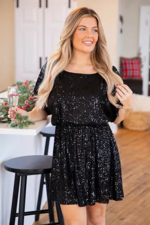 Black Sequin Elastic Waist Dress
