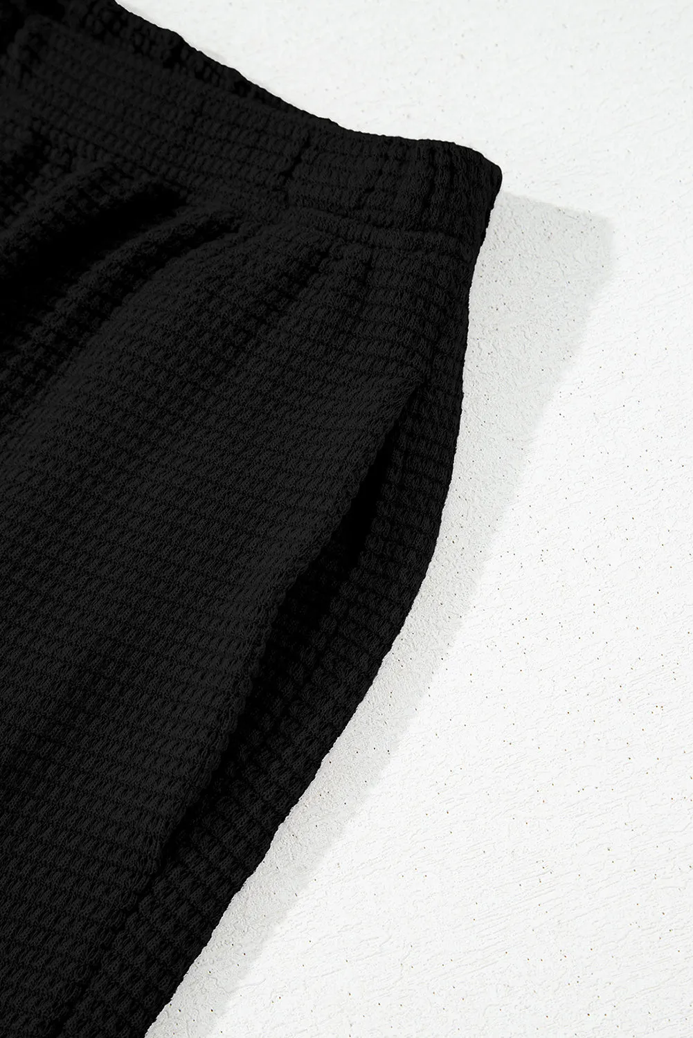 Black Solid Color Textured Buttoned Shirt and Casual Pants Set