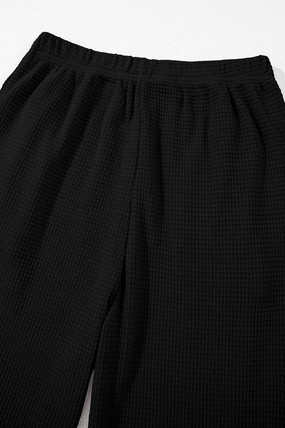 Black Solid Color Textured Buttoned Shirt and Casual Pants Set