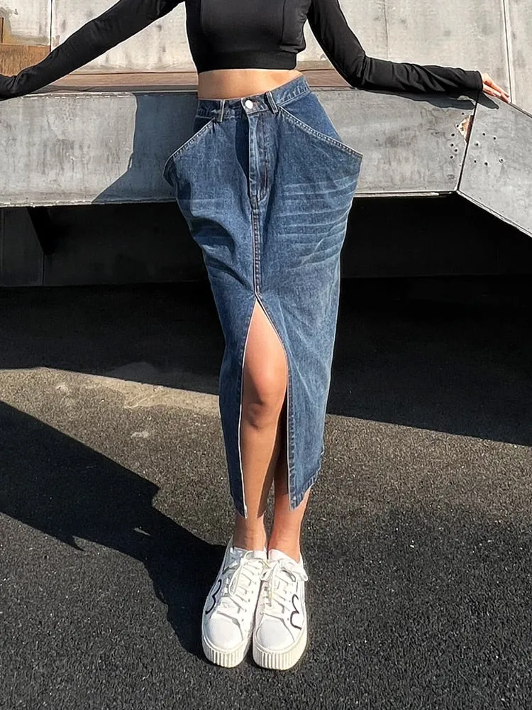 Blue Denim Skirt For Women High Waist Straight Split Solid Streetwear