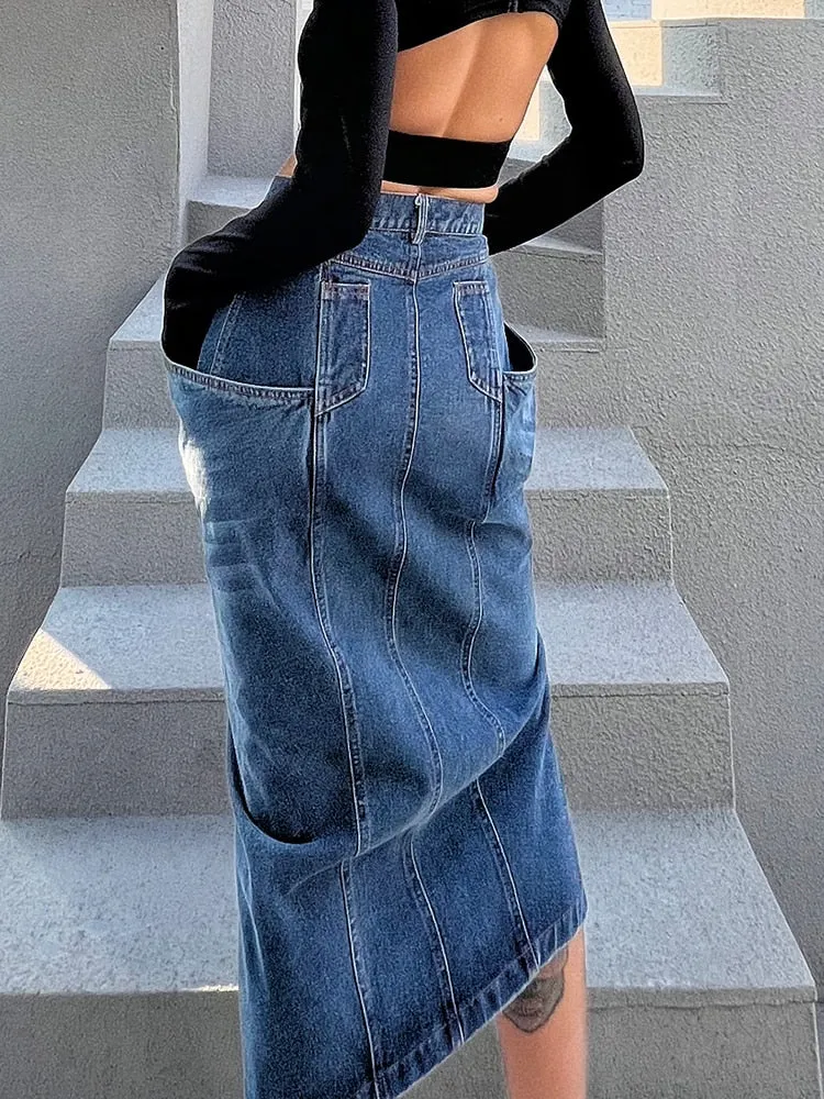 Blue Denim Skirt For Women High Waist Straight Split Solid Streetwear