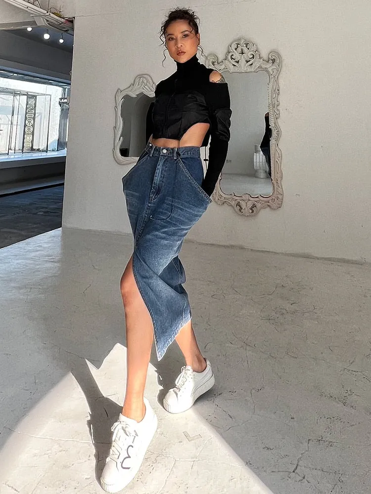 Blue Denim Skirt For Women High Waist Straight Split Solid Streetwear