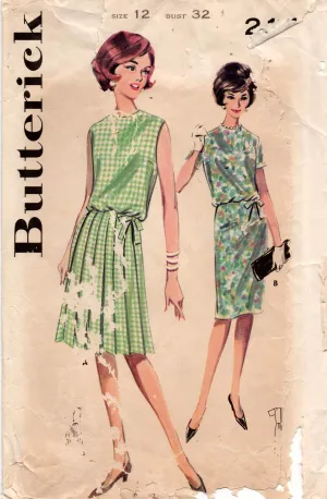 Butterick 2140 Womens Blouse Bodice Dress with Full Or Pleated Skirt 1960s Vintage Sewing Pattern Size 12 Bust 32 inches