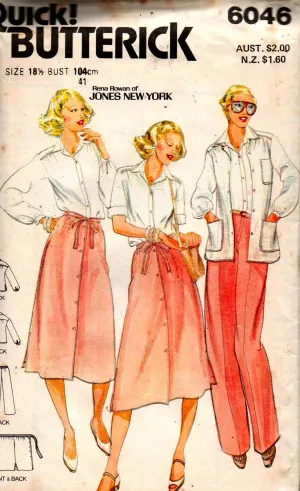 Butterick 6046 JONES NEW YORK Womens EASY Half Size Shirt Jacket Pants & Wrap Skirt 1970s Vintage Sewing Pattern Size 18 1/2 UNCUT Factory Folded