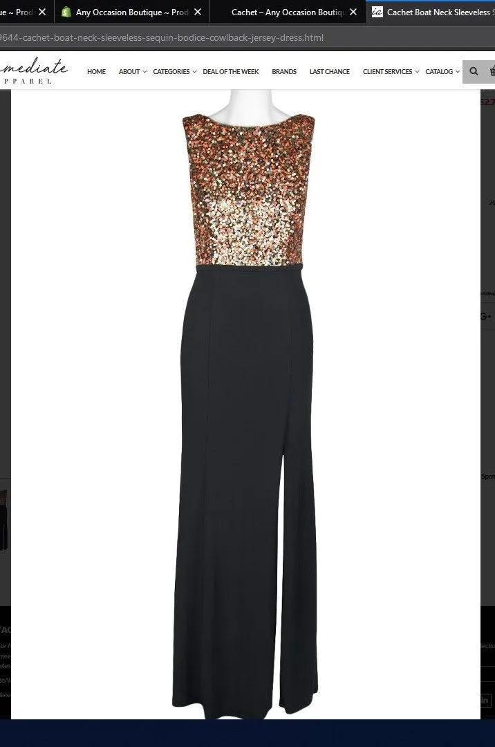 Cachet 59644 Boat Neck Sleeveless Sequin Bodice Cowlback Jersey Dress