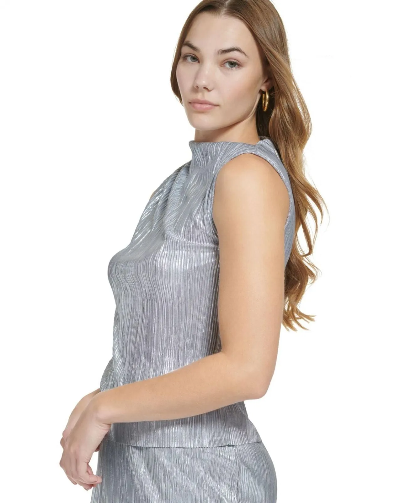 Calvin Klein Womens Sleeveless Pleated Metallic Top M2XHM865 Silver Gray XS