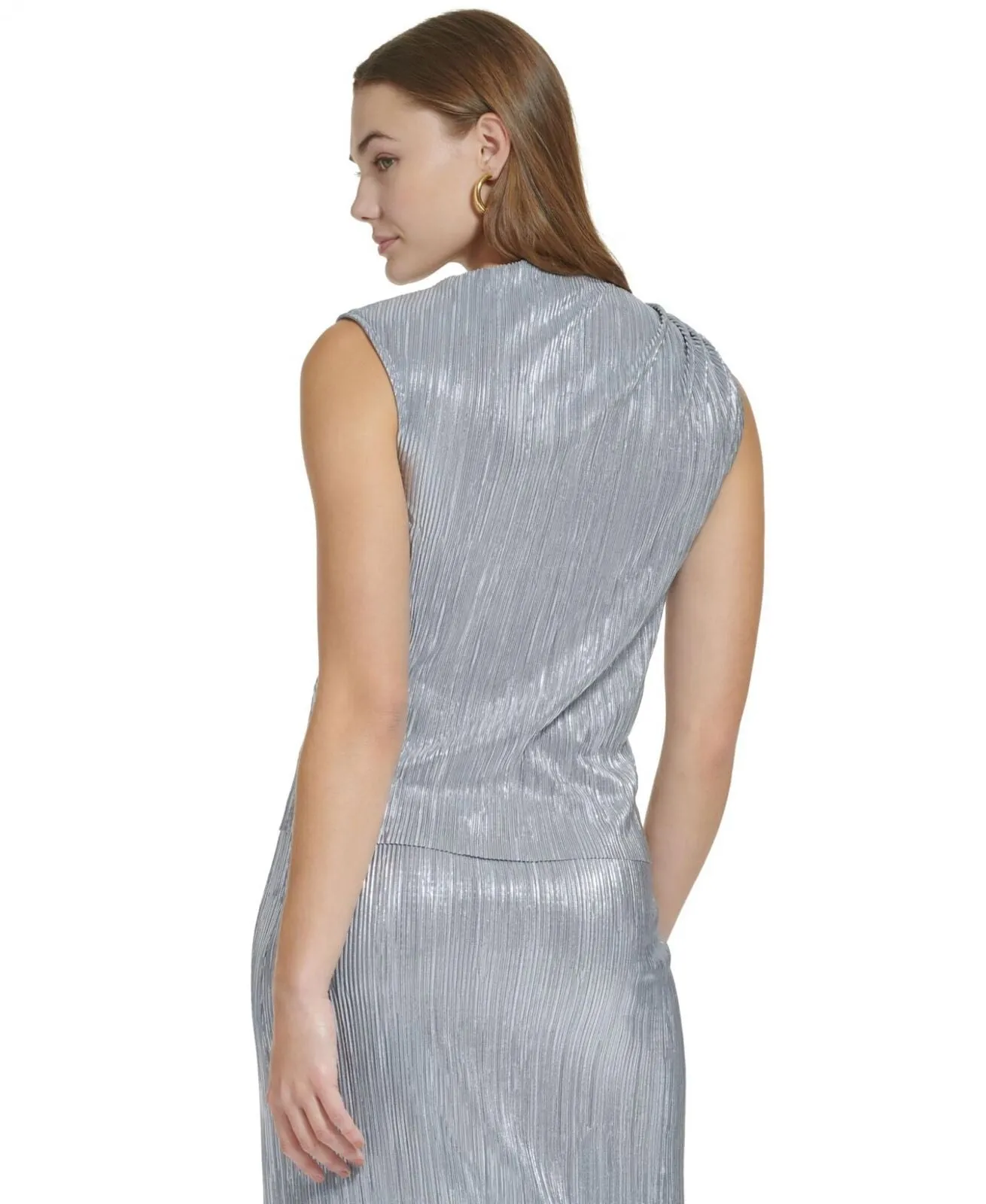 Calvin Klein Womens Sleeveless Pleated Metallic Top M2XHM865 Silver Gray XS