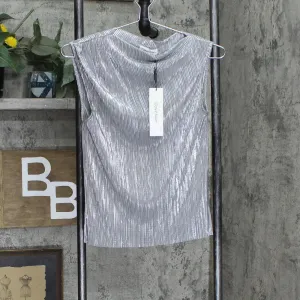 Calvin Klein Womens Sleeveless Pleated Metallic Top M2XHM865 Silver Gray XS