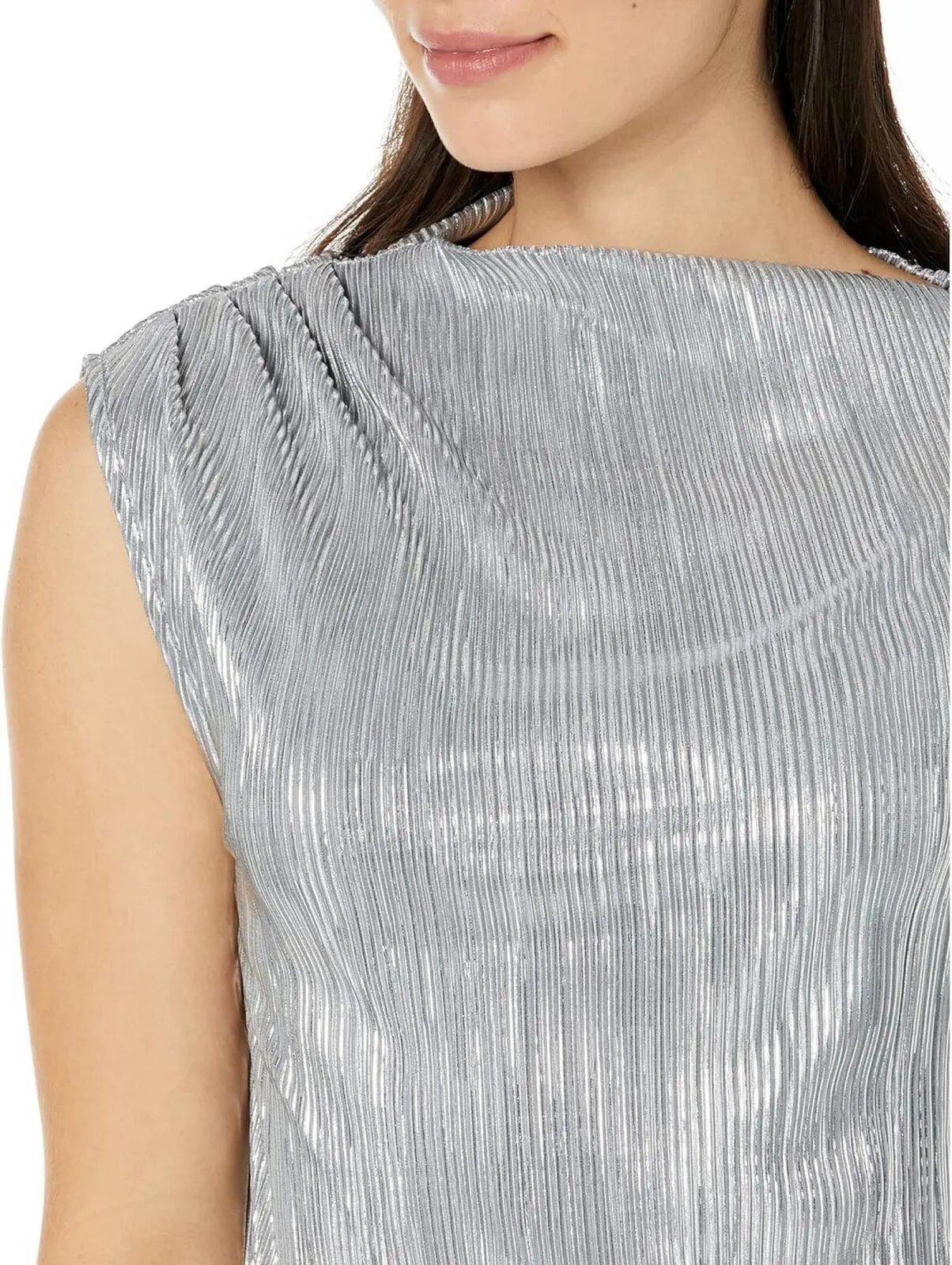 Calvin Klein Womens Sleeveless Pleated Metallic Top M2XHM865