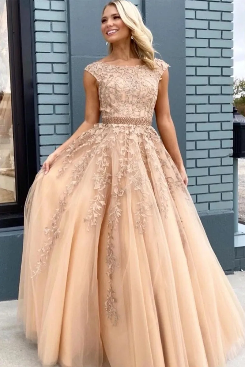 Cap Sleeves Round Neck Champagne Lace Long Prom Dress, Cap Sleeves Champagne Lace Formal Dress, Lace Champagne Evening Dress