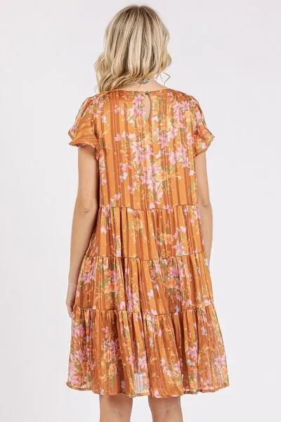 Caramel Color Flower Print Round Neck Flutter Sleeve Tiered Dress