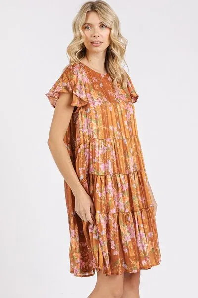 Caramel Color Flower Print Round Neck Flutter Sleeve Tiered Dress