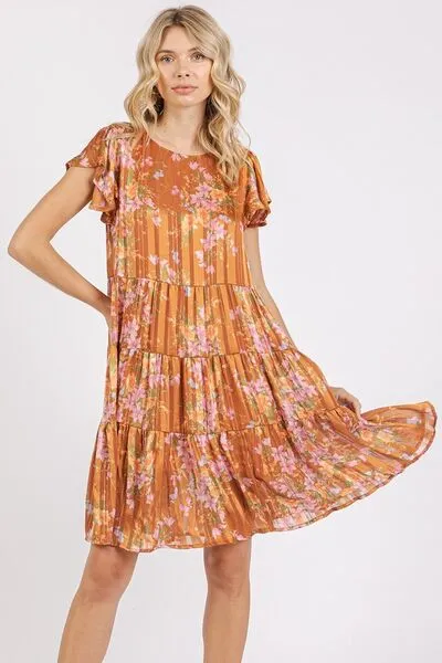 Caramel Color Flower Print Round Neck Flutter Sleeve Tiered Dress