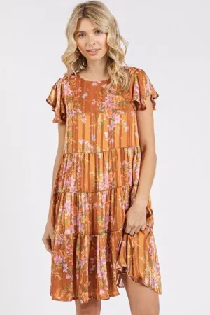 Caramel Color Flower Print Round Neck Flutter Sleeve Tiered Dress