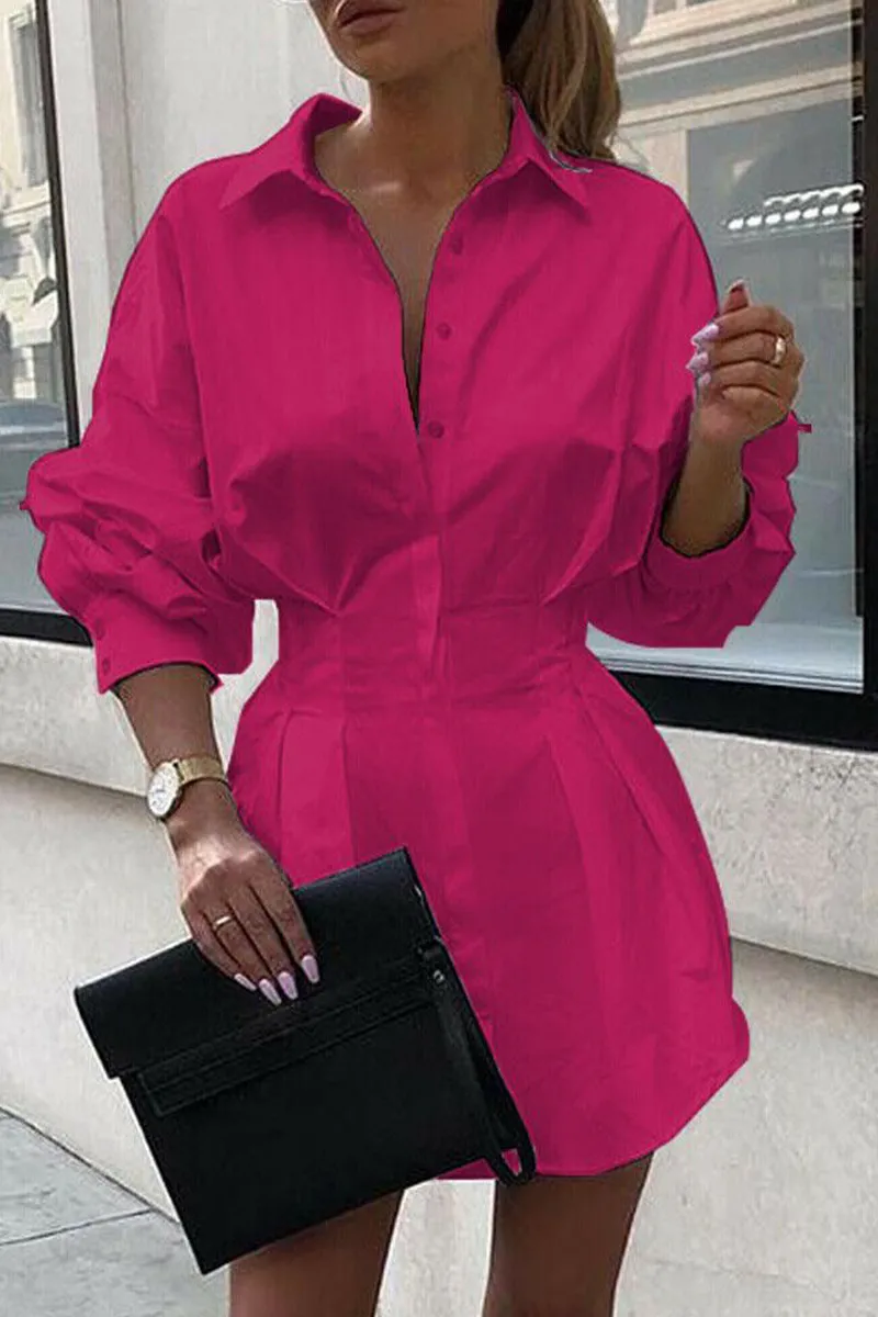 Casual Solid Turndown Collar Waist Skirt Dresses(3 Colors)