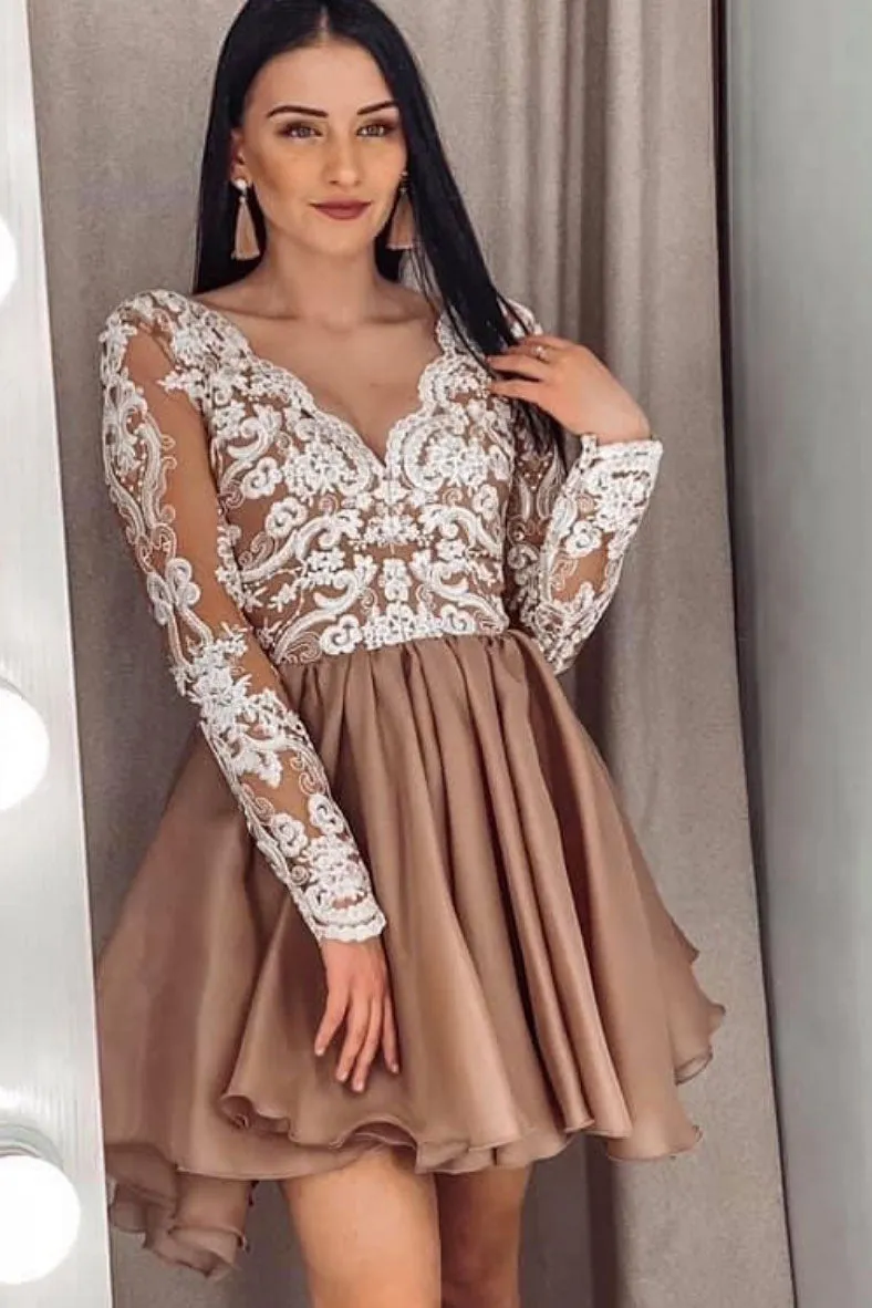 Champagne v neck lace short prom dress lace bridesmaid dress