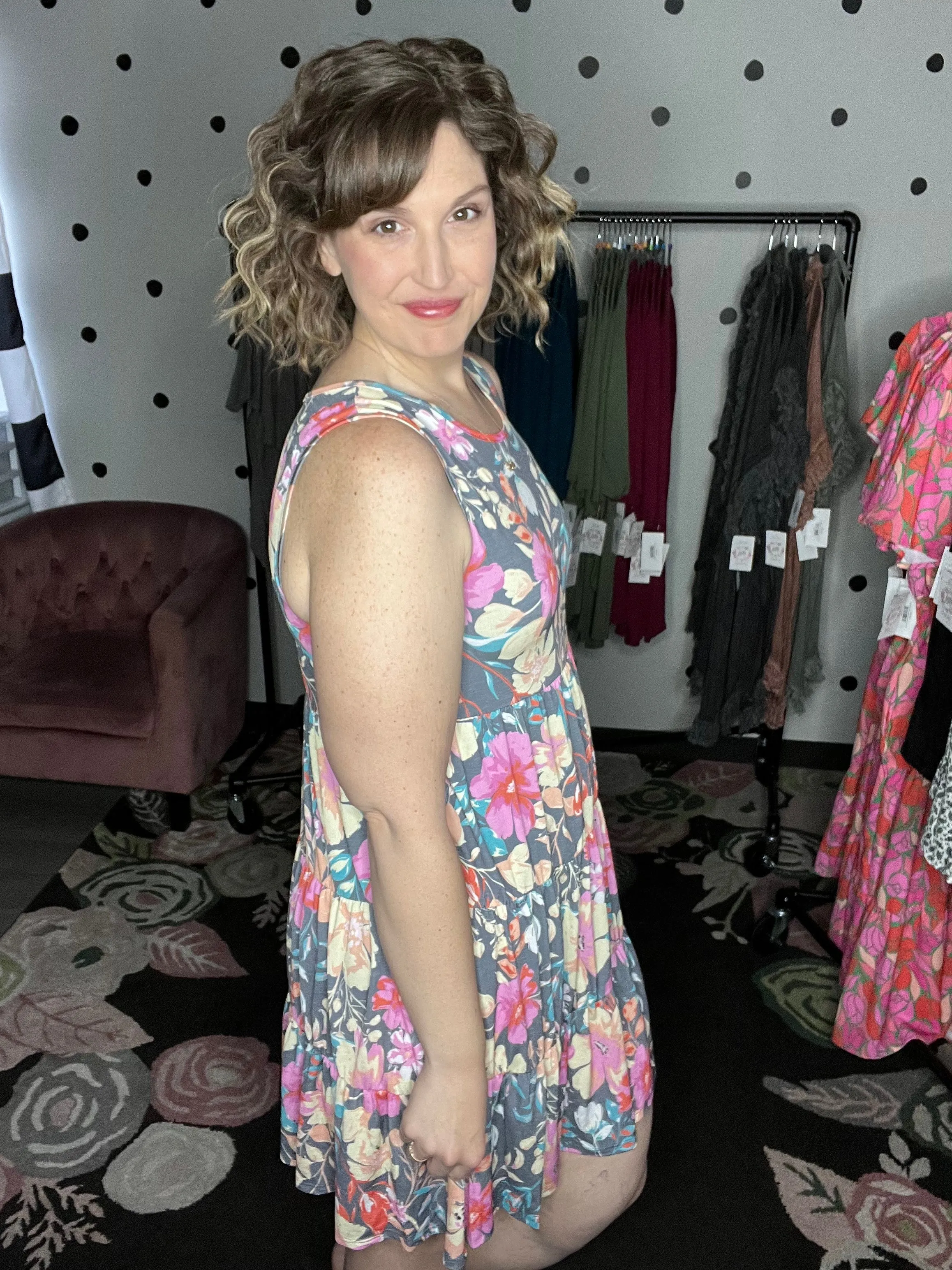 Charcoal Floral Tiered Tank Dress