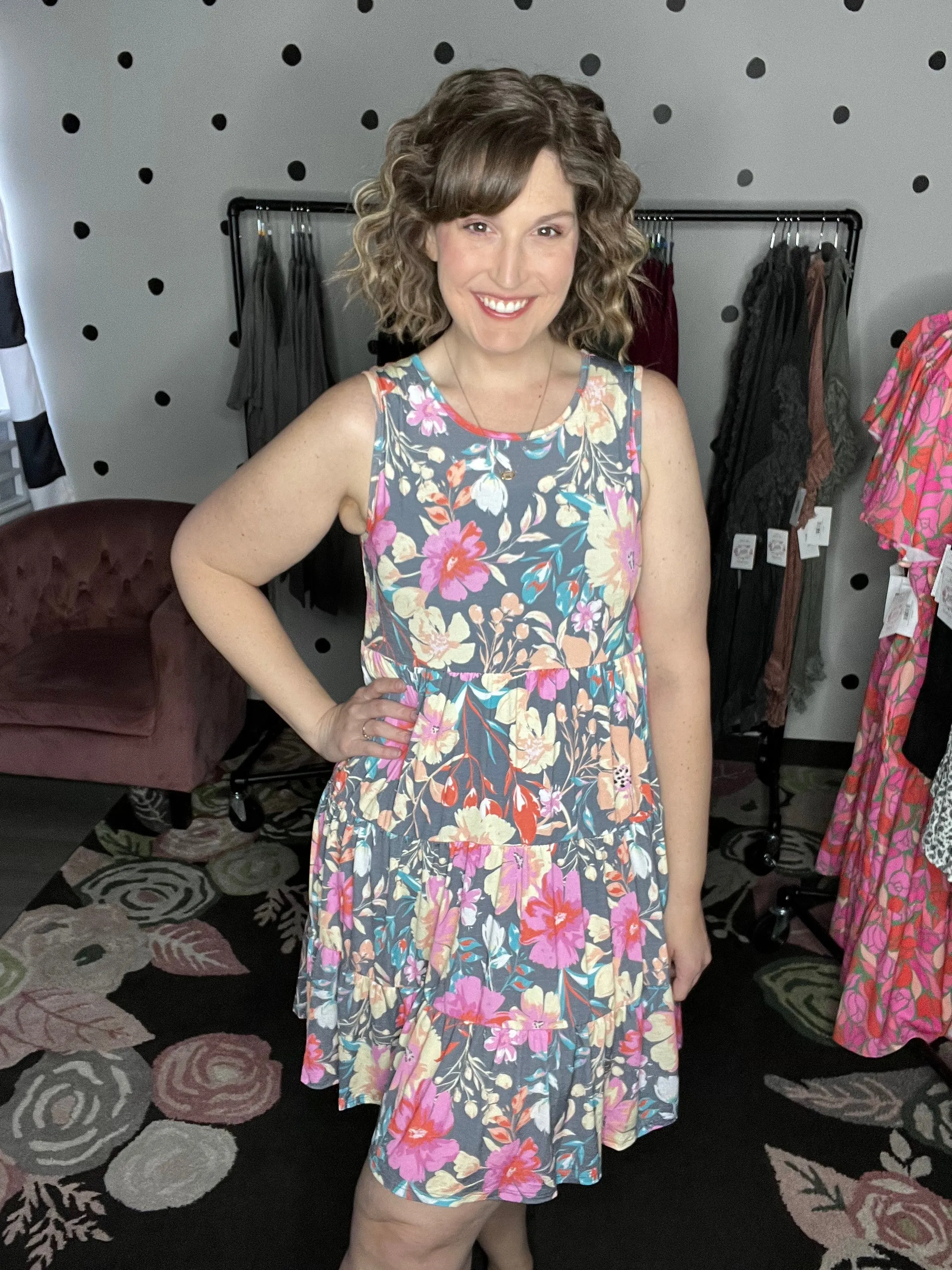 Charcoal Floral Tiered Tank Dress