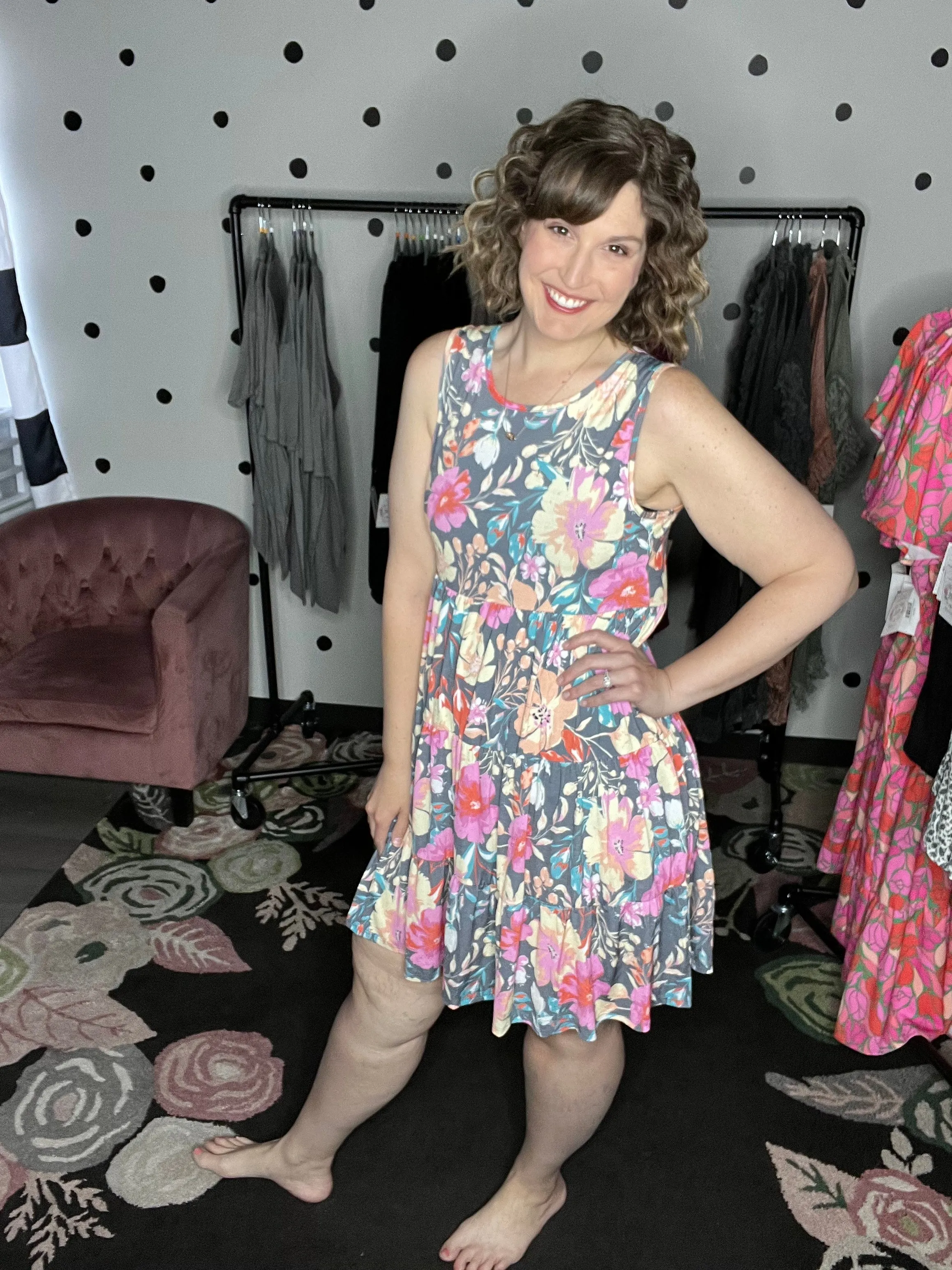Charcoal Floral Tiered Tank Dress