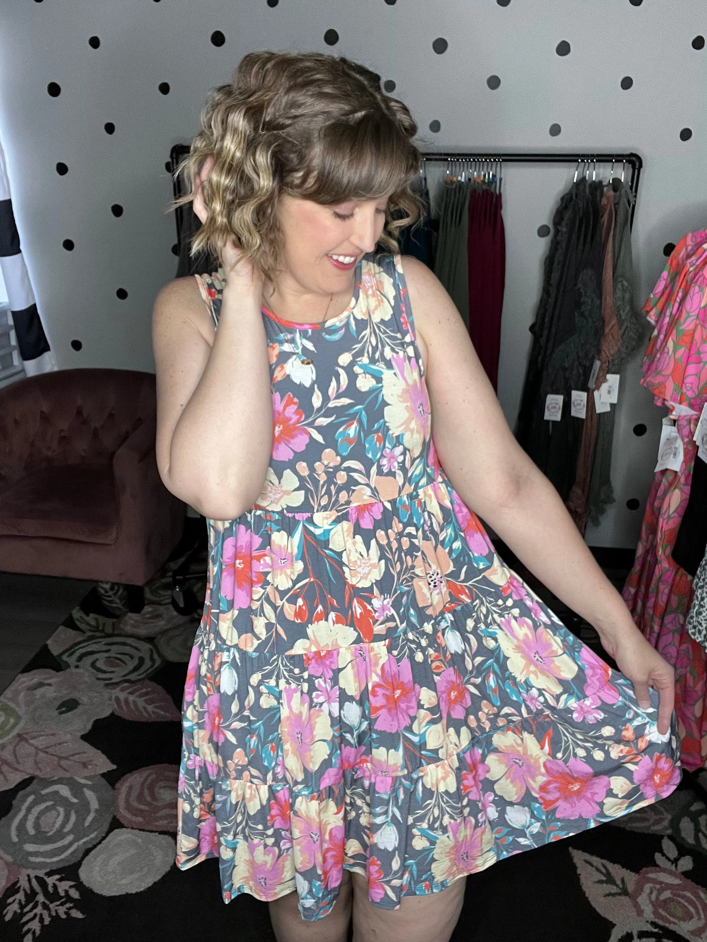 Charcoal Floral Tiered Tank Dress
