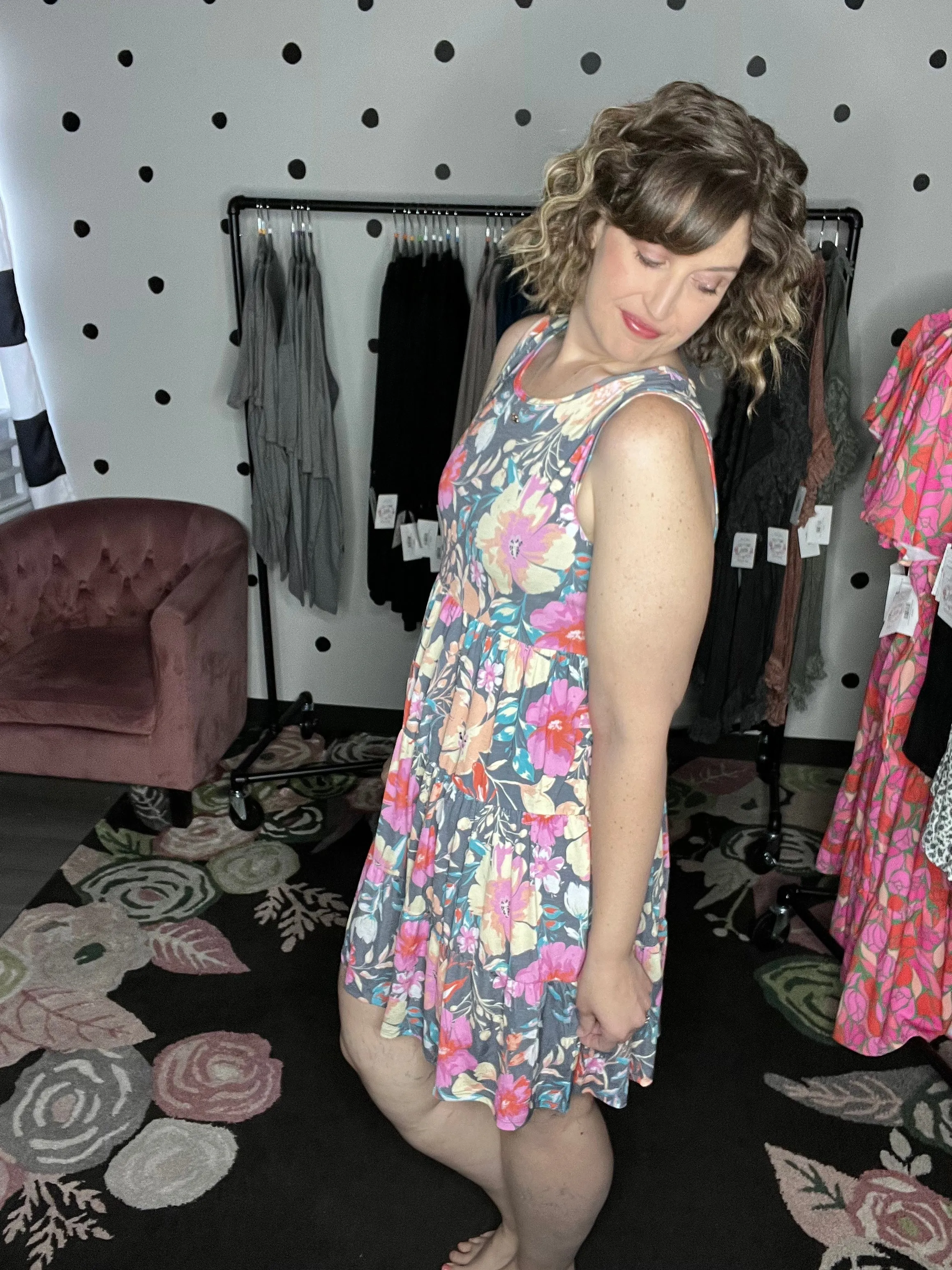 Charcoal Floral Tiered Tank Dress